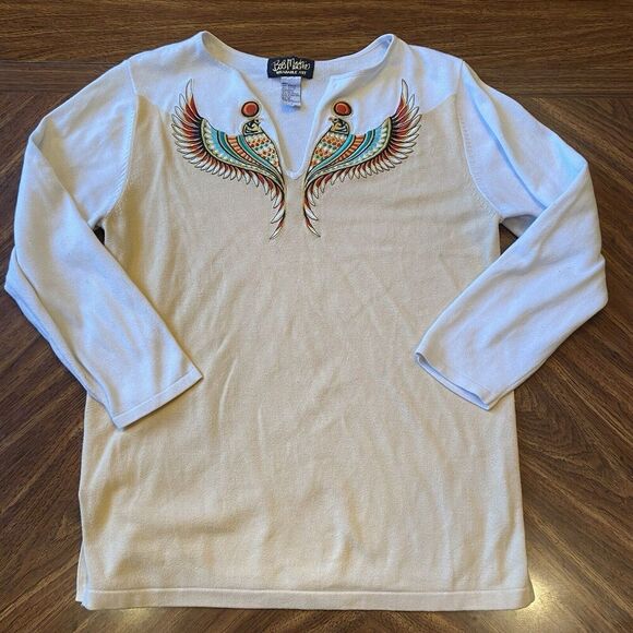 VTG 80s 90s Bob Mackie Wearable Art Embroidered Knit Sweater SZ L Beige Bird - Picture 2 of 7